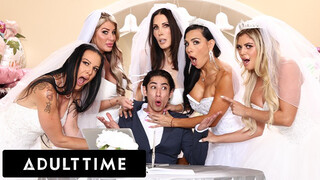 Nagy mellű milf menyasszonyok őrült fordított gangbanggel leckéztetik a vastag farkú esküvőszervezőt